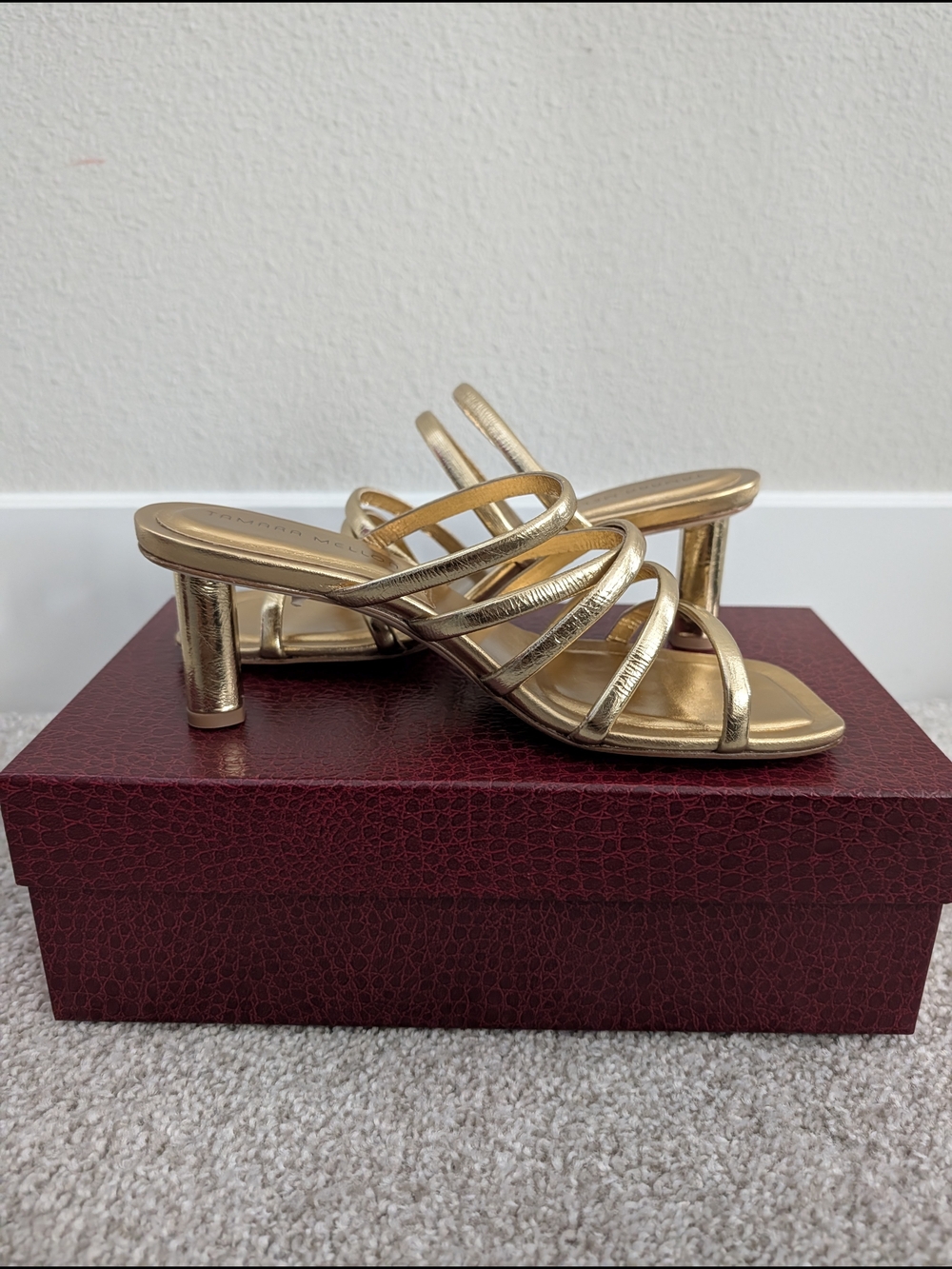 Tamara Mellon Gold Strappy Mid-Heel Sandals